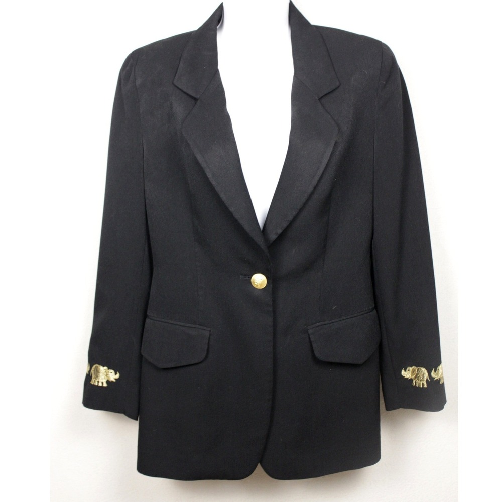 Vintage Elephant Embroidered Blazer Womens S Black Gold 90s Office Career Chic